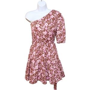 Jason Wu Floral One Shoulder Belted Mini Dress Pink Brown M